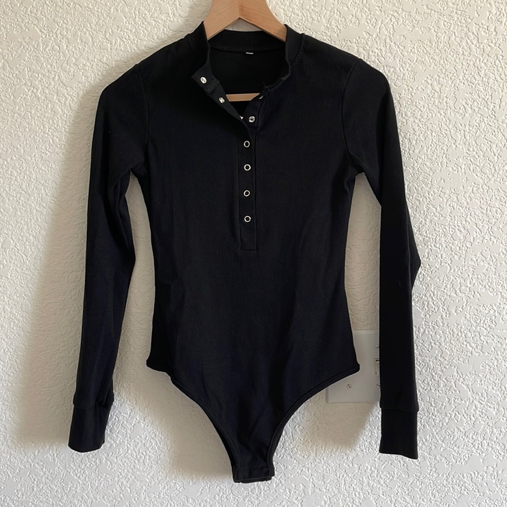 Black Long Sleeve Button Front Bodysuit - Size S